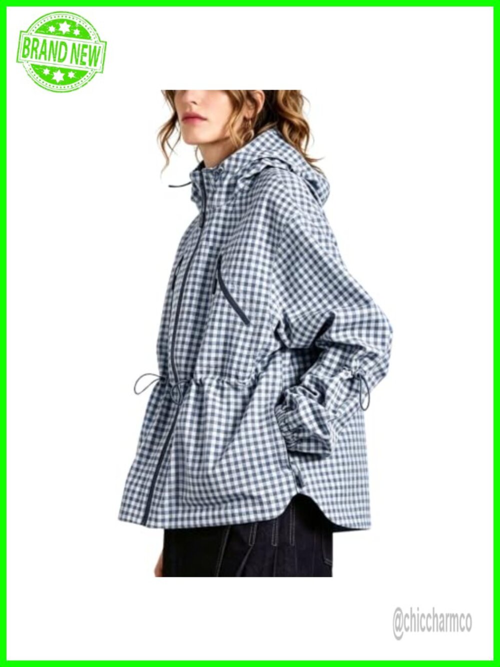 Women's Plaid Hooded Windbreaker Raincoat Drawstring Waist Windproof